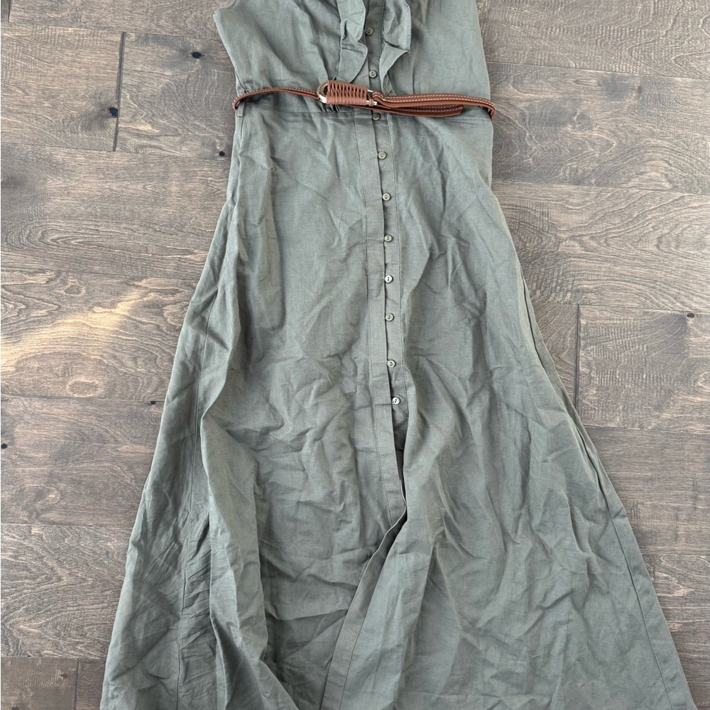 Sleeveless Olive Maxi Dress with Brown Belt